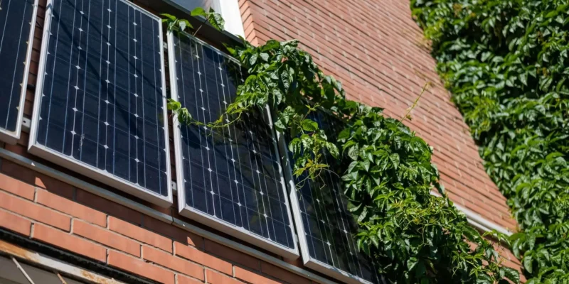 Ein Balkonkraftwerk mit modernen Solarmodulen an einer roten Backsteinfassade, teilweise von Kletterpflanzen umgeben.