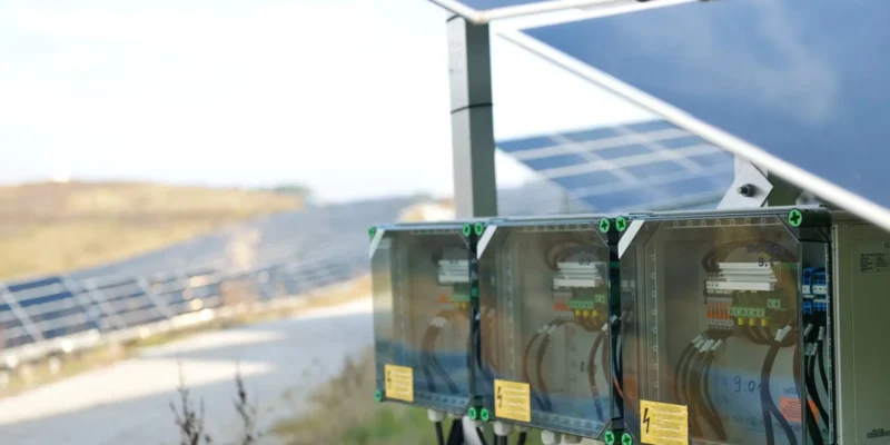 Photovoltaik mit Speicher: Nahaufnahme eines Solarfeldes mit Wechselrichtern und Energiespeicherkomponenten zur effizienten Stromnutzung.