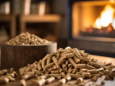 Das Bild zeigt einen Nahbereich von Holzpellets, die in einem rustikalen Holzgefäß und als Haufen auf einem Holztisch liegen. Im Hintergrund ist ein Kaminofen mit brennendem Feuer unscharf zu erkennen. Diese Anordnung veranschaulicht die Brennstoffversorgung einer Pelletheizung und die Wärme, die sie erzeugt.