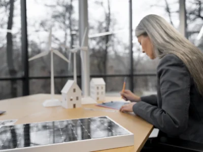 Eine Frau kontrolliert die finanziellen Vorteile durch die KfW Förderung Photovoltaik während sie an einem Schreibtisch sitzt. Neben ihr stehen kleine Modell-Windräder und eine kleine Solarplatte.