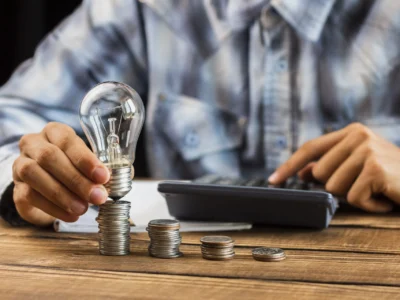 Mann in kariertem Hemd hält eine Glühbirne auf einem Stapel Münzen, im Hintergrund eine Hand auf einem Taschenrechner – Symbolbild für Energieeinsparung oder Investitionen in Ideen.
