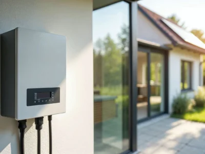 Ein moderner Wechselrichter ist an einer Außenwand eines zeitgemäßen Hauses mit Solarpaneelen auf dem Dach montiert. Die Szene ist in warmes Sonnenlicht getaucht, mit einem üppig grünen Garten im Hintergrund.