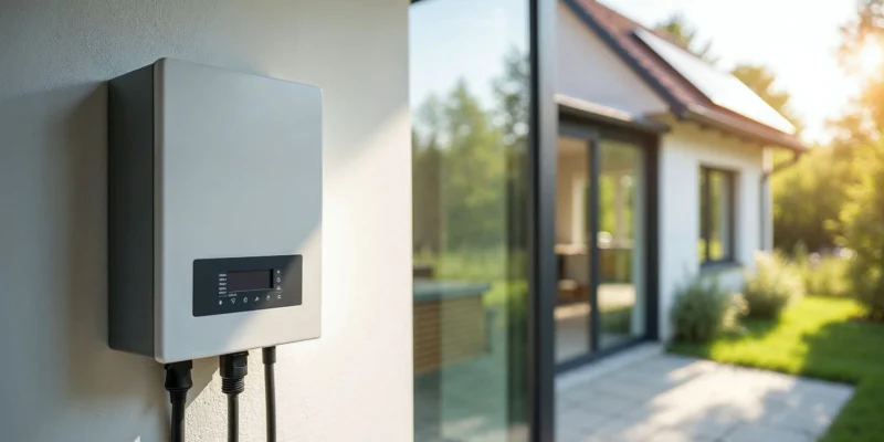 Ein moderner Wechselrichter ist an einer Außenwand eines zeitgemäßen Hauses mit Solarpaneelen auf dem Dach montiert. Die Szene ist in warmes Sonnenlicht getaucht, mit einem üppig grünen Garten im Hintergrund.