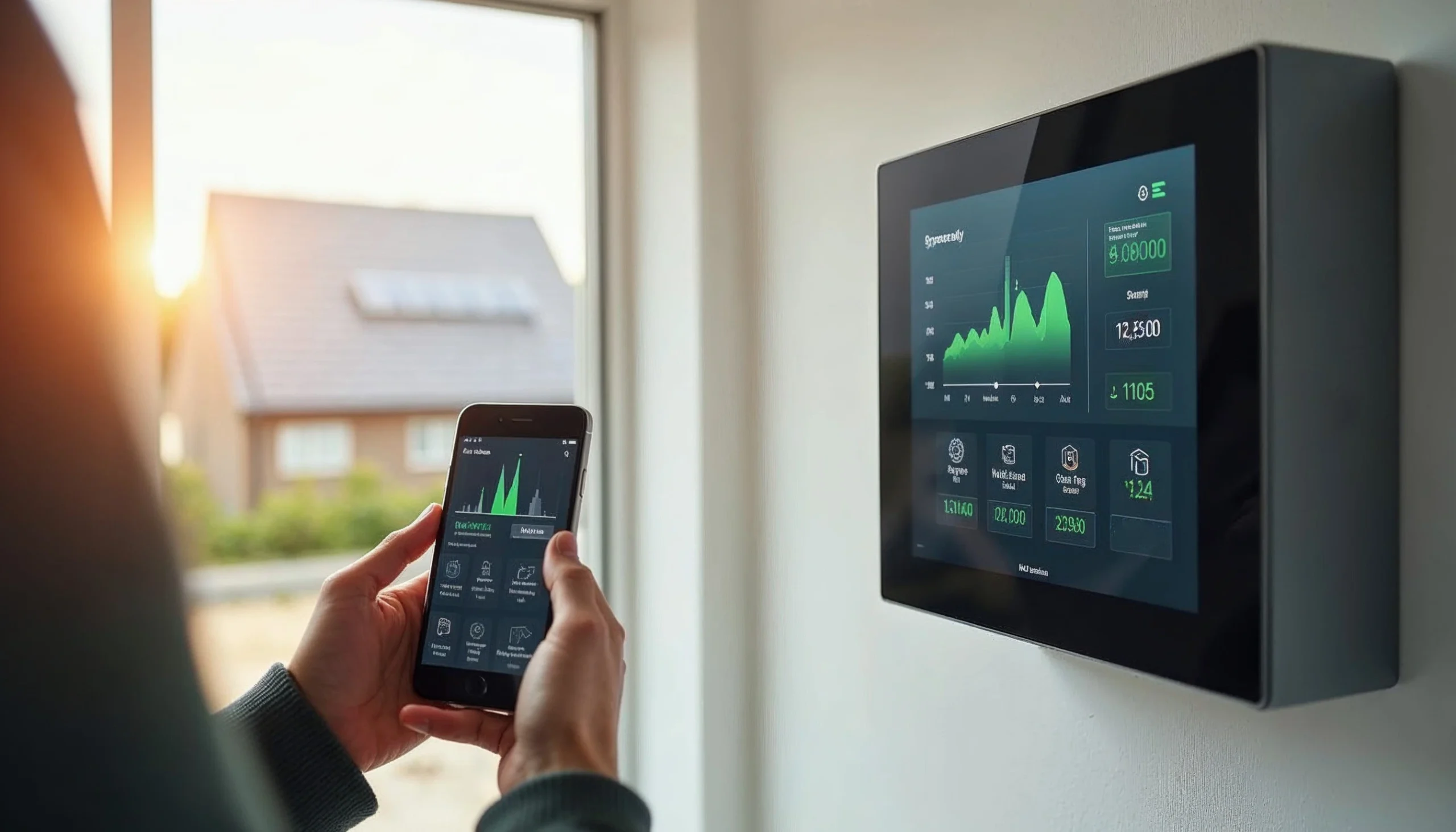 Eine Person nutzt ein Smartphone, um den Energieverbrauch auf einem an der Wand montierten Smart-Display Wechseltrichter zu überwachen. Das Display zeigt grüne Diagramme und Zahlen, die die Solarenergieproduktion und den Verbrauch anzeigen. Die Szene spielt sich in einem modernen Zuhause mit Blick nach draußen durch ein großes Fenster ab.