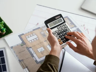 Eine Person sitzt an einem Schreibtisch und bedient einen Taschenrechner über einem Plan eines Hauses. Auf dem Tisch liegen außerdem ein kleines Modellhaus und ein Solarpanel. Diese Szene visualisiert die finanzielle Planung im Zusammenhang mit der Installation von Photovoltaikanlagen, bei der die Steuervorteile für Photovoltaikanlagen eine wichtige Rolle spielen.