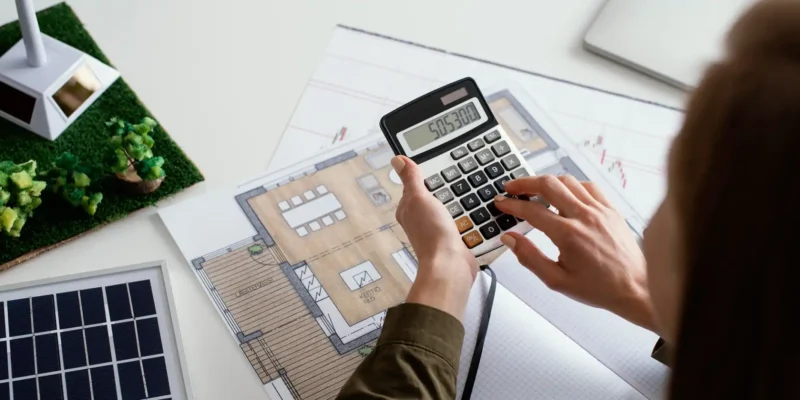 Eine Person sitzt an einem Schreibtisch und bedient einen Taschenrechner über einem Plan eines Hauses. Auf dem Tisch liegen außerdem ein kleines Modellhaus und ein Solarpanel. Diese Szene visualisiert die finanzielle Planung im Zusammenhang mit der Installation von Photovoltaikanlagen, bei der die Steuervorteile für Photovoltaikanlagen eine wichtige Rolle spielen.