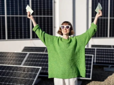Eine fröhliche Frau steht vor einer Anlage mit Solarpanels, trägt einen leuchtend grünen Pullover und weiße Sonnenbrille. Sie hält in beiden Händen Geldscheine hoch und lächelt strahlend, was Freude und die Kosten und Ersparnis durch Photovoltaikanlagen symbolisiert.