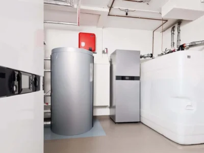 Moderne Öl-Brennwertheizung mit weißem Heizöltank, Pufferspeicher und Steuerungseinheit in einem sauberen Heizungsraum.