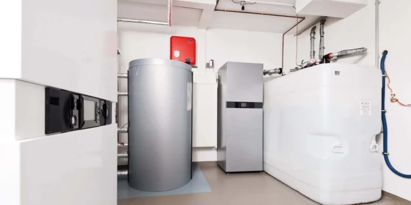 Moderne Öl-Brennwertheizung mit weißem Heizöltank, Pufferspeicher und Steuerungseinheit in einem sauberen Heizungsraum.