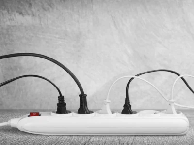 Ein horizontales Close-up zeigt eine weiße Steckverbindung auf einer grauen, strukturierten Oberfläche vor einem hellgrauen, leicht marmorierten Hintergrund. Fünf unterschiedlich dicke, schwarze und weiße Stromkabel sind in die Steckdosenleiste eingesteckt. Am linken Ende der Leiste ist ein roter Ein-/Ausschalter sichtbar. Die Kabel verlaufen leicht nach oben und aus dem Bildrahmen. Die Perspektive betont die Funktionalität der Steckverbindung im Kontext der Stromversorgung mehrerer Geräte.