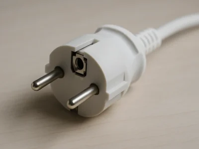 Ein weißer Schuko Stecker liegt auf einer hellen, leicht strukturierten Oberfläche. Deutlich erkennbar sind die zwei runden, metallenen Kontaktstifte und der mittige Bereich für den Schutzkontakt. Das weiße Kabel führt nach rechts aus dem Bild.