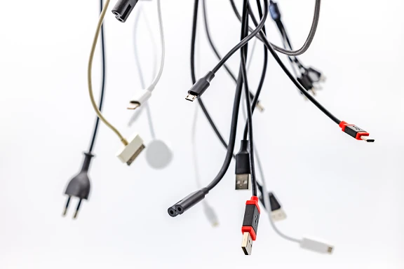 Ein vertikales Close-up zeigt ein Gewirr verschiedener schwarzer und weißer Stromkabel und Datenkabel mit unterschiedlichen Steckverbindungen, die von oben in den Bildraum hängen. Darunter sind ein Schuko-Stecker, USB-A-, USB-C-, Lightning- und weitere spezifische Konnektoren erkennbar. Die Kabel scheinen vor einem hellen, fast weißen Hintergrund zu schweben, was den Fokus auf die Vielfalt der benötigten Anschlüsse in der modernen Elektronik lenkt. Die unordentliche Anordnung der Kabel symbolisiert möglicherweise die Komplexität und den Kabelsalat, der oft mit der Nutzung zahlreicher elektronischer Geräte einhergeht.