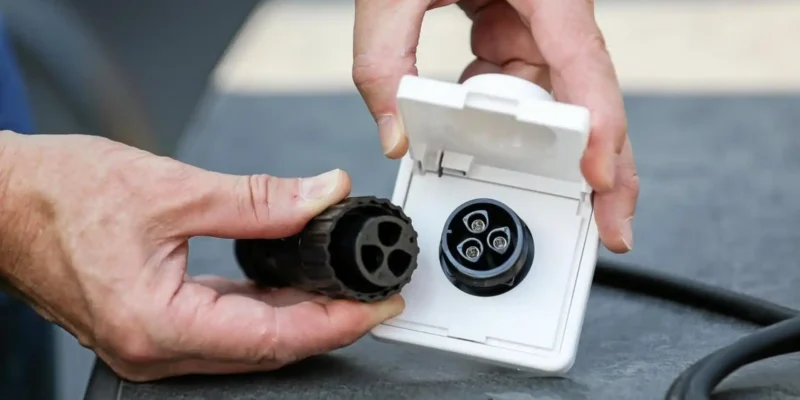 Hände halten einen Wieland-Stecker und eine passende Einspeisesteckdose – typische Verbindung für ein Balkonkraftwerk zur sicheren Netzeinspeisung.