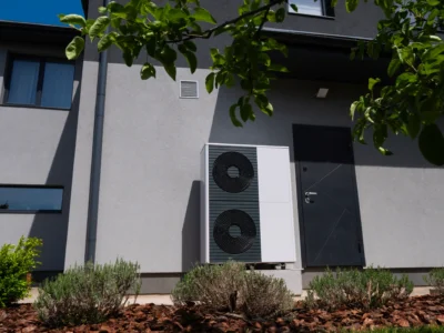 Das Bild zeigt eine Wärmepumpe, montiert an einer Hauswand neben einer Tür. Im Vordergrund ist die grüne Bepflanzung eines Vorgartens zu sehen.