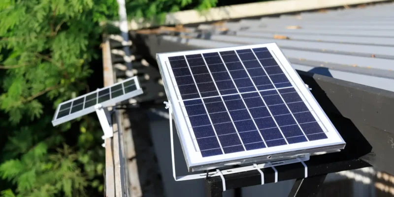 Nahaufnahme zweier kleiner Solarpanels, die auf einem Dach installiert sind. Die Paneele sind in Richtung Sonne ausgerichtet, im Hintergrund sind grüne Bäume sichtbar.