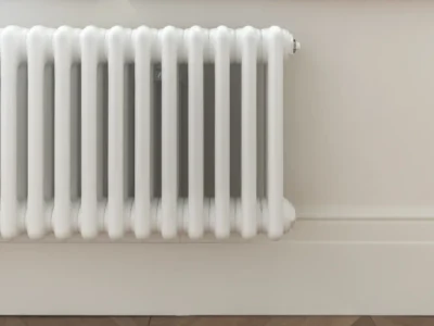 Ein klassischer weißer Heizkörper an einer Wand, der als sichtbares Element einer Gasheizung für Wärme im Raum sorgt.