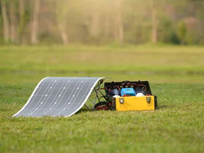 Mobiles Solarpanel auf einer Wiese neben einer gelben tragbaren Stromversorgungseinheit mit offenem Deckel und sichtbarer Elektronik.