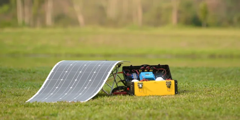 Mobiles Solarpanel auf einer Wiese neben einer gelben tragbaren Stromversorgungseinheit mit offenem Deckel und sichtbarer Elektronik.