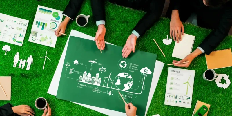 Geschäftsführer entwickeln ESG-Profil mit nachhaltigen Strategien und Umweltzielen im Meeting