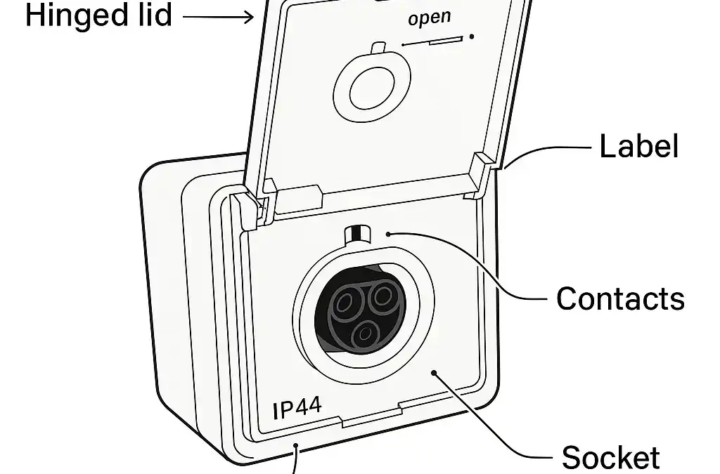 Technische Illustration einer Einspeisesteckdose mit Beschriftung der Bauteile wie Schutzklasse, Kontakte und Klappdeckel zur sicheren Einspeisung von Strom.