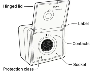 Technische Illustration einer Einspeisesteckdose mit Beschriftung der Bauteile wie Schutzklasse, Kontakte und Klappdeckel zur sicheren Einspeisung von Strom.