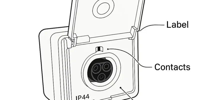 Technische Illustration einer Einspeisesteckdose mit Beschriftung der Bauteile wie Schutzklasse, Kontakte und Klappdeckel zur sicheren Einspeisung von Strom.