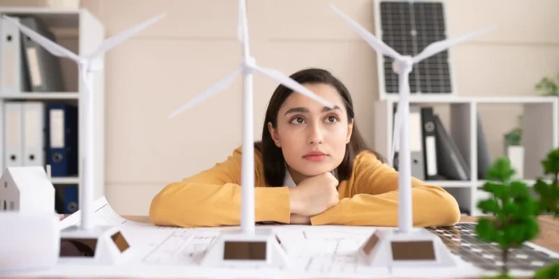 Eine junge Frau beugt sich über den Schreibtisch und betrachtet nachdenklich drei kleine Windkraftmodelle, die vor ihr auf einem Bauplan stehen. Im Hintergrund sind auf einem Regal ein kleines Solarmodell sowie Aktenordner zu sehen. Obwohl das Bild Windkraftanlagen und kein Guerilla PV-System zeigt, repräsentiert es das Thema erneuerbare Energien und die Planung von dezentraler Energieversorgung im kleinen Maßstab.