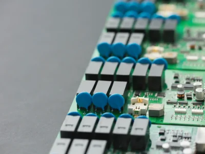 Detailansicht einer Leiterplatte im Inneren eines Mikrowechselrichters für Photovoltaikanlagen. Sichtbar sind elektronische Bauteile, die den Gleichstrom aus Solarmodulen in nutzbaren Wechselstrom umwandeln.