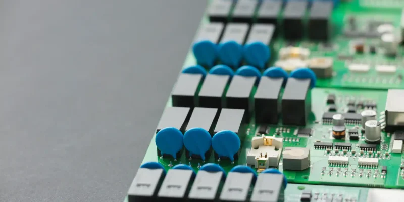 Detailansicht einer Leiterplatte im Inneren eines Mikrowechselrichters für Photovoltaikanlagen. Sichtbar sind elektronische Bauteile, die den Gleichstrom aus Solarmodulen in nutzbaren Wechselstrom umwandeln.