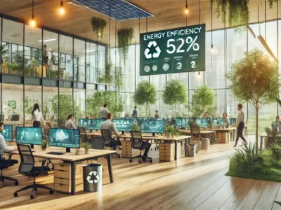 Ein helles, modernes und offenes Büro im Stil einer Smart Factory ist mit Pflanzen, Holzoberflächen und großen Glasfronten gestaltet. Im Zentrum der Szene, die eine erfolgreiche Nachhaltigkeit in Unternehmen symbolisiert, hängt ein großer Bildschirm, der mit Grafiken zum Thema Recycling und Energieeffizienz (52 %) gefüllt ist. Auf dem Dach sind Solarpaneele installiert und im gesamten Raum sind Bäume und Grünflächen zu sehen.