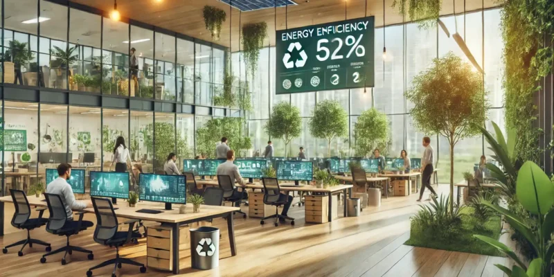 Ein helles, modernes und offenes Büro im Stil einer Smart Factory ist mit Pflanzen, Holzoberflächen und großen Glasfronten gestaltet. Im Zentrum der Szene, die eine erfolgreiche Nachhaltigkeit in Unternehmen symbolisiert, hängt ein großer Bildschirm, der mit Grafiken zum Thema Recycling und Energieeffizienz (52 %) gefüllt ist. Auf dem Dach sind Solarpaneele installiert und im gesamten Raum sind Bäume und Grünflächen zu sehen.