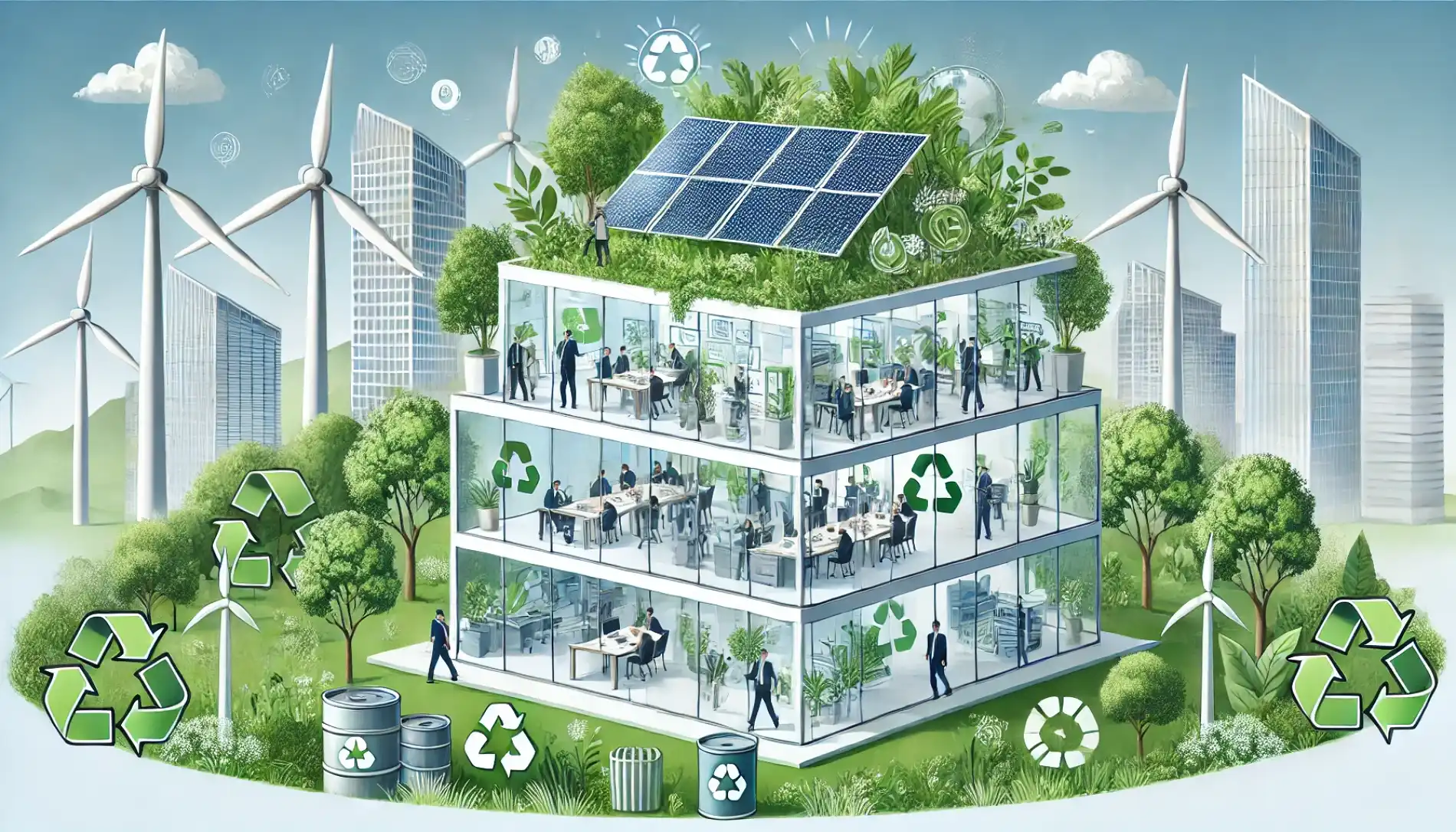 Ein helles, modernes und offenes Büro im Stil einer Smart Factory ist mit Pflanzen, Holzoberflächen und großen Glasfronten gestaltet. Im Zentrum der Szene, die eine erfolgreiche Nachhaltigkeit in Unternehmen symbolisiert, hängt ein großer Bildschirm, der mit Grafiken zum Thema Recycling und Energieeffizienz (52 %) gefüllt ist. Auf dem Dach sind Solarpaneele installiert und im gesamten Raum sind Bäume und Grünflächen zu sehen.