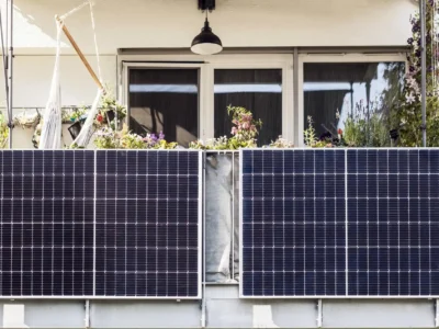 Zwei große, dunkle Solarmodule sind als Balkonkraftwerk vertikal an der Balustrade eines hellen Balkons befestigt. Die Neigung des Balkonkraftwerks ist senkrecht zur Hauswand. Auf dem Balkon befinden sich Blumenkästen, eine Hängematte und eine Lampe. Das Bild demonstriert die Installation einer Mini-Photovoltaikanlage an einer vertikalen Fläche.