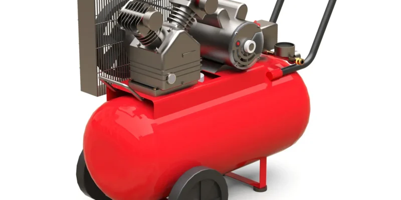 Eine fotorealistische 3D-Darstellung zeigt einen mobilen, roten elektrischer Kompressor vor einem rein weißen Hintergrund. Der Kompressor besteht aus einem horizontal liegenden, zylinderförmigen roten Drucklufttank, der auf zwei schwarzen Rädern und einem Stützfuß steht. Oben auf dem Tank ist das silberne Verdichteraggregat mit dem Elektromotor und einem großen Kühlgitter montiert. Ein schwarzer Bügel dient als Griff für den Transport.