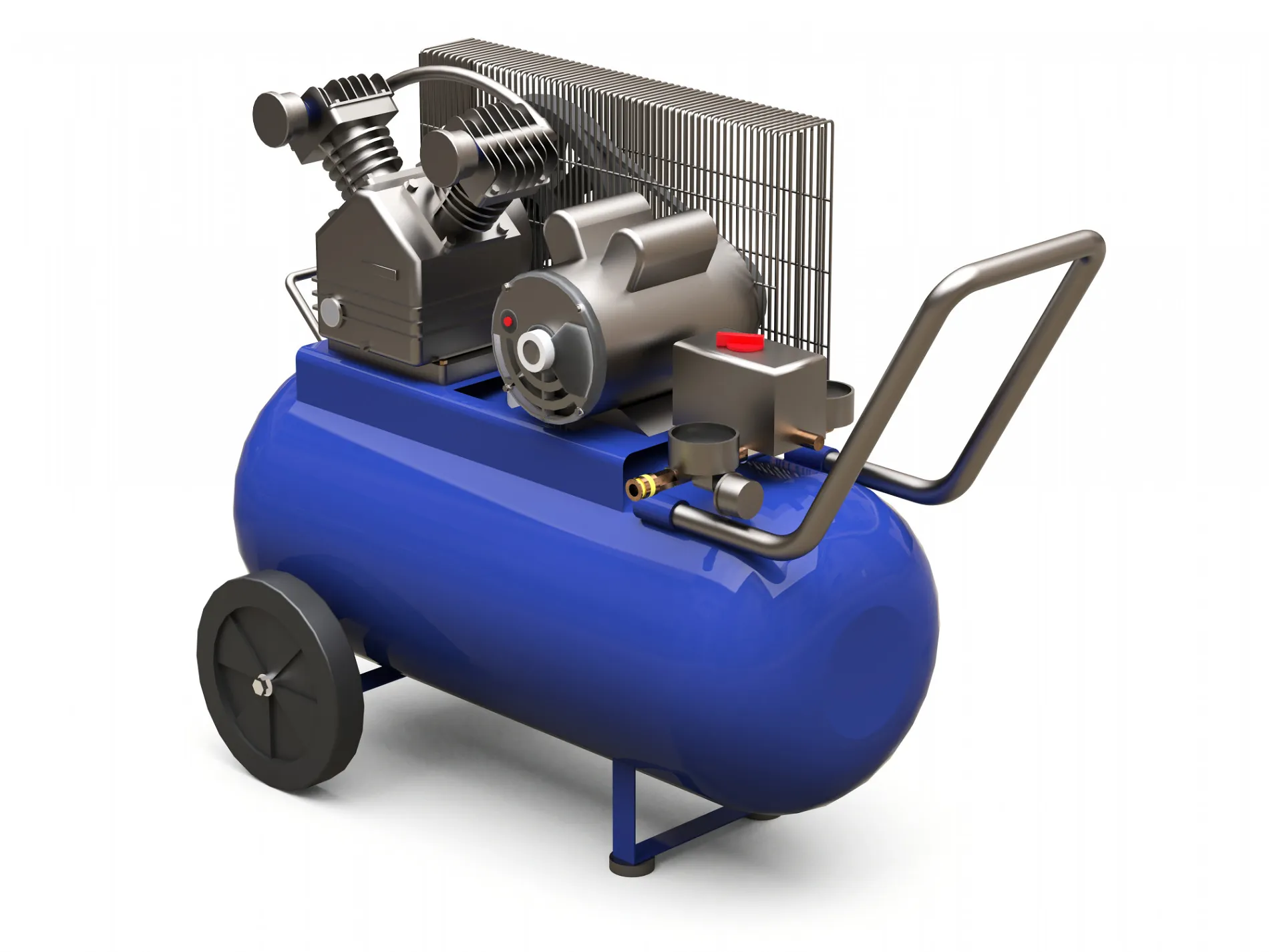 Eine fotorealistische 3D-Darstellung zeigt einen mobilen, blauen elektrischer Kompressor vor einem rein weißen Hintergrund. Der Kompressor besteht aus einem horizontal liegenden, zylinderförmigen blauen Drucklufttank, der auf zwei schwarzen Rädern und einem Stützfuß steht. Oben auf dem Tank ist das silberne Verdichteraggregat mit dem Elektromotor und einem großen Kühlgitter montiert. Ein silberner Bügel dient als Griff für den Transport.
