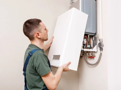 Ein Monteur, der einen grünen Arbeitsanzug trägt, ist dabei, eine weiße Abdeckung an einem Wandgerät zu befestigen. Die Abdeckung verdeckt die sichtbaren Rohre, Ventile und Komponenten des Geräts. Die Szene, die in einem hellen, weißen Raum stattfindet, symbolisiert die Installation oder Wartung eines modernen Heizsystems. Da es sich um ein komplexes, wandmontiertes System handelt, könnte es sich um eine Gastherme handeln, die oft das konventionelle Element in einer Hybridheizung darstellt.