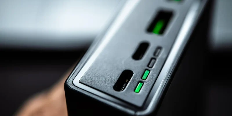 Ein Detail-Foto aus geringer Entfernung zeigt die Oberseite eines dunklen, rechteckigen elektronischen Geräts, bei dem es sich um einen Laderegler oder eine Powerbank handeln könnte. Der Fokus liegt auf den Anschlüssen und der Statusanzeige an der Vorderkante. Drei kleine, rechteckige LEDs leuchten grün und zeigen wahrscheinlich den Ladestatus oder die Betriebsfunktion des Geräts an. Das Bild symbolisiert den technischen Aspekt der Ladesteuerung.