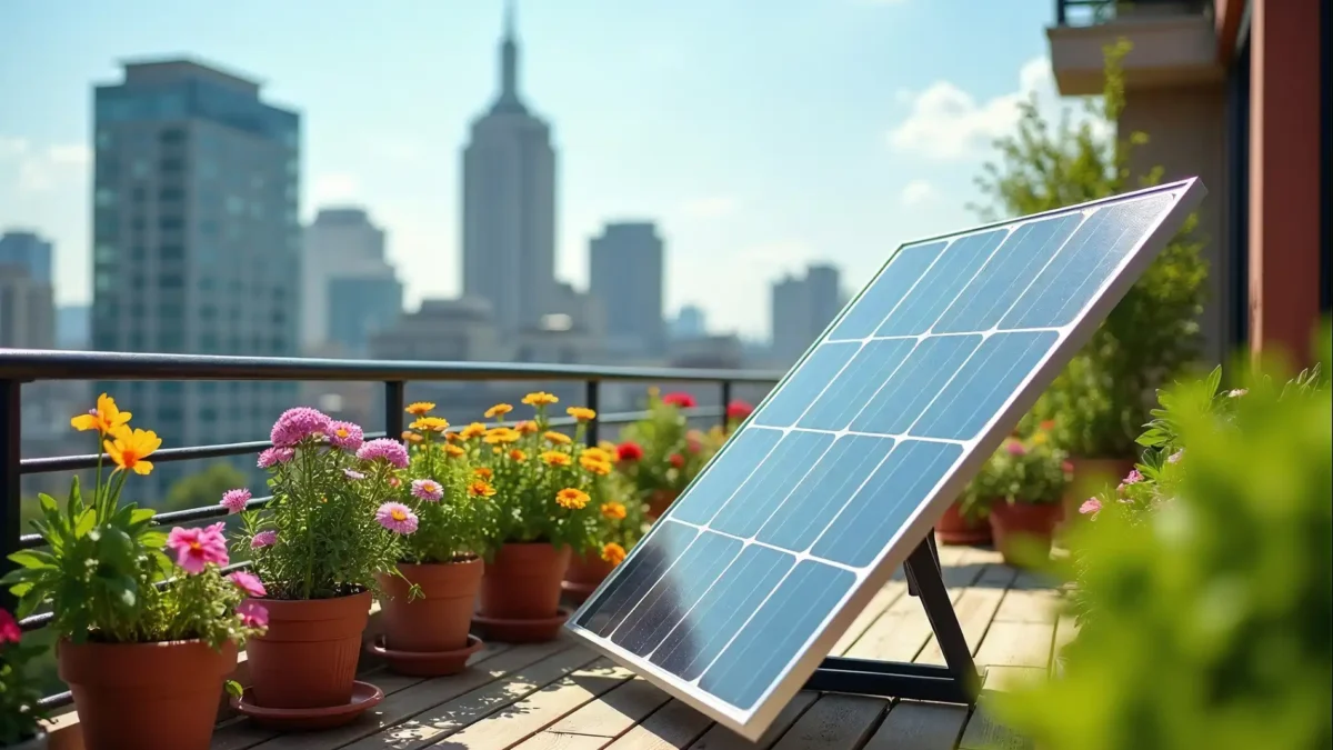 Ein Terassen Kraftwerk steht auf einem Ständer auf einer Holzterrasse in einer städtischen Umgebung, umgeben von Topfpflanzen. Im unscharfen Hintergrund erheben sich die Silhouetten von Wolkenkratzern und Hochhäusern, was die Nutzung von Solarenergie in urbanen Gebieten veranschaulicht.