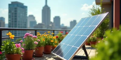 Ein Terassen Kraftwerk steht auf einem Ständer auf einer Holzterrasse in einer städtischen Umgebung, umgeben von Topfpflanzen. Im unscharfen Hintergrund erheben sich die Silhouetten von Wolkenkratzern und Hochhäusern, was die Nutzung von Solarenergie in urbanen Gebieten veranschaulicht.