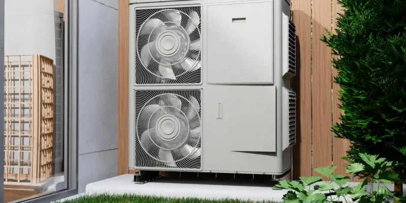 Das Bild zeigt eine graue Wärmepumpe an einer Hauswand - perfekt für eine Wärmepumpe Förderung.