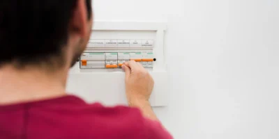 Ein Mann mit dunklen Haaren, bekleidet mit einem roten T-Shirt, steht mit dem Rücken zur Kamera und betätigt einen Sicherungsautomaten in einem weißen Verteilerkasten an einer weißen Wand. Er drückt mit dem Finger auf einen orangefarbenen Schalter. Obwohl das Bild einen Sicherungskasten und keinen Stromzähler zeigt, symbolisiert es die Arbeit an der Hauselektrik und die damit verbundenen Installationen und eventuellen Kosten, die im Zusammenhang mit dem Zählertausch Kosten entstehen können.