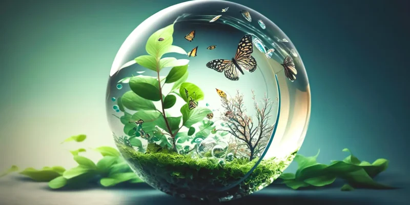 Ein hochdetailliertes, futuristisches Bild zeigt eine durchsichtige Glaskugel, die ein in sich geschlossenes Mini-Ökosystem enthält. Im Inneren wachsen üppig grüne Pflanzen und Moos. Mehrere Schmetterlinge (Fauna) und andere kleine Insekten fliegen um eine Pflanze (Flora) herum. Das gesamte System symbolisiert die Wechselwirkungen lebender Organismen und dient als Metapher für biotische Faktoren und die Zerbrechlichkeit der Biodiversität.