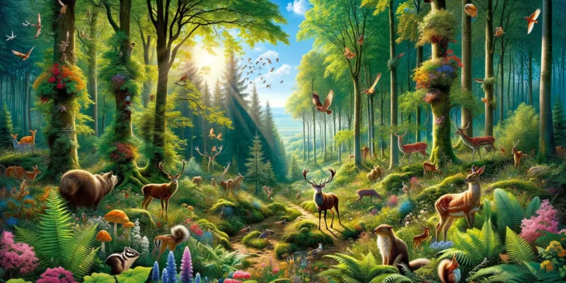 Natürliches Habitat mit vielfältigen Pflanzen und Tieren im Wald