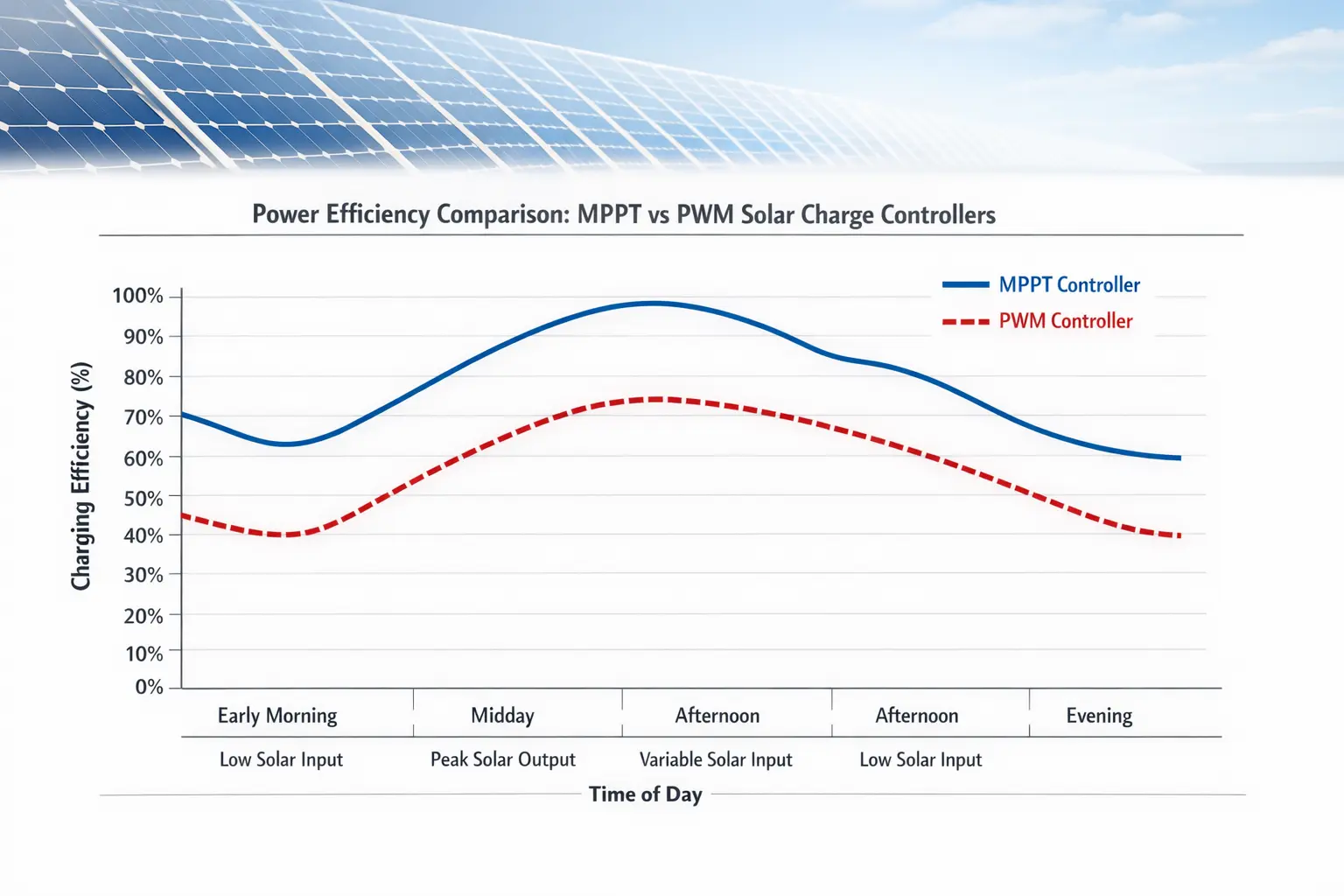 MPPT PWM Laderegler Effizienz Vergleich Diagramm Tagesverlauf