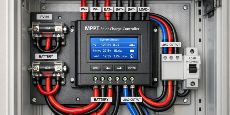 Batterie-Laderegler MPPT Installation mit Sicherung und Verkabelung