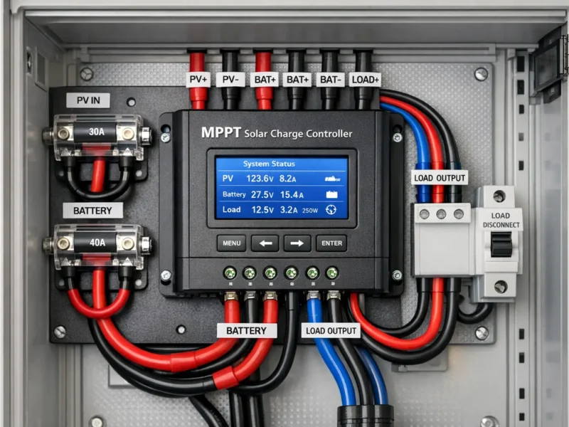 Batterie-Laderegler MPPT Installation mit Sicherung und Verkabelung