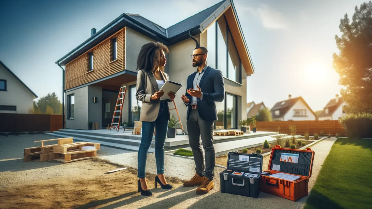 Energieberater erklärt energetische Sanierung am Gebäude