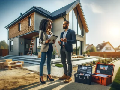 Energieberater erklärt energetische Sanierung am Gebäude