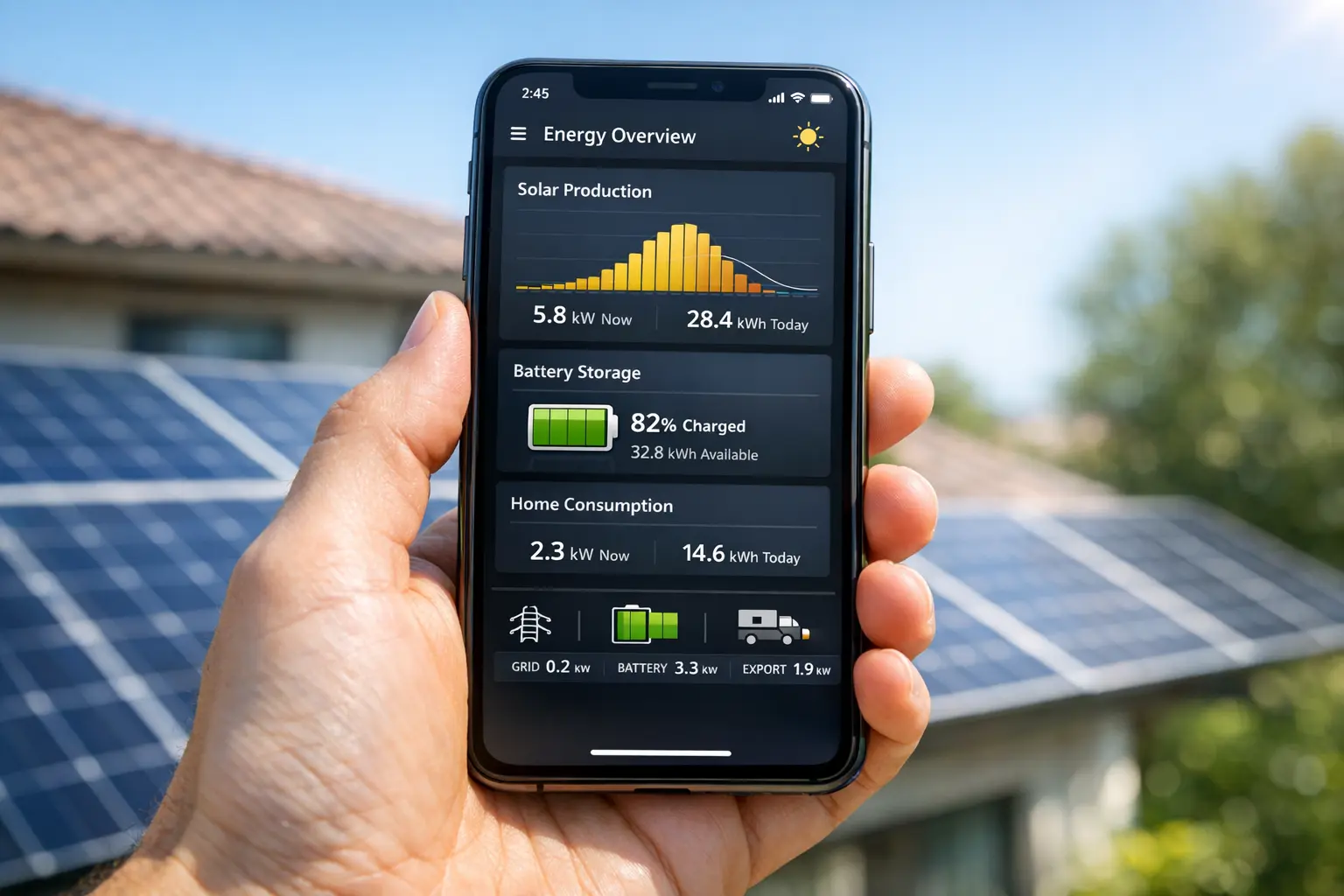 Smartphone mit Hybridanlage Monitoring App und Energiefluss-Diagramm
