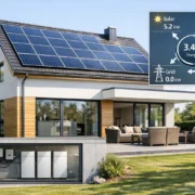 Hybridanlage mit Solarmodulen auf Hausdach und Batteriespeicher im Keller